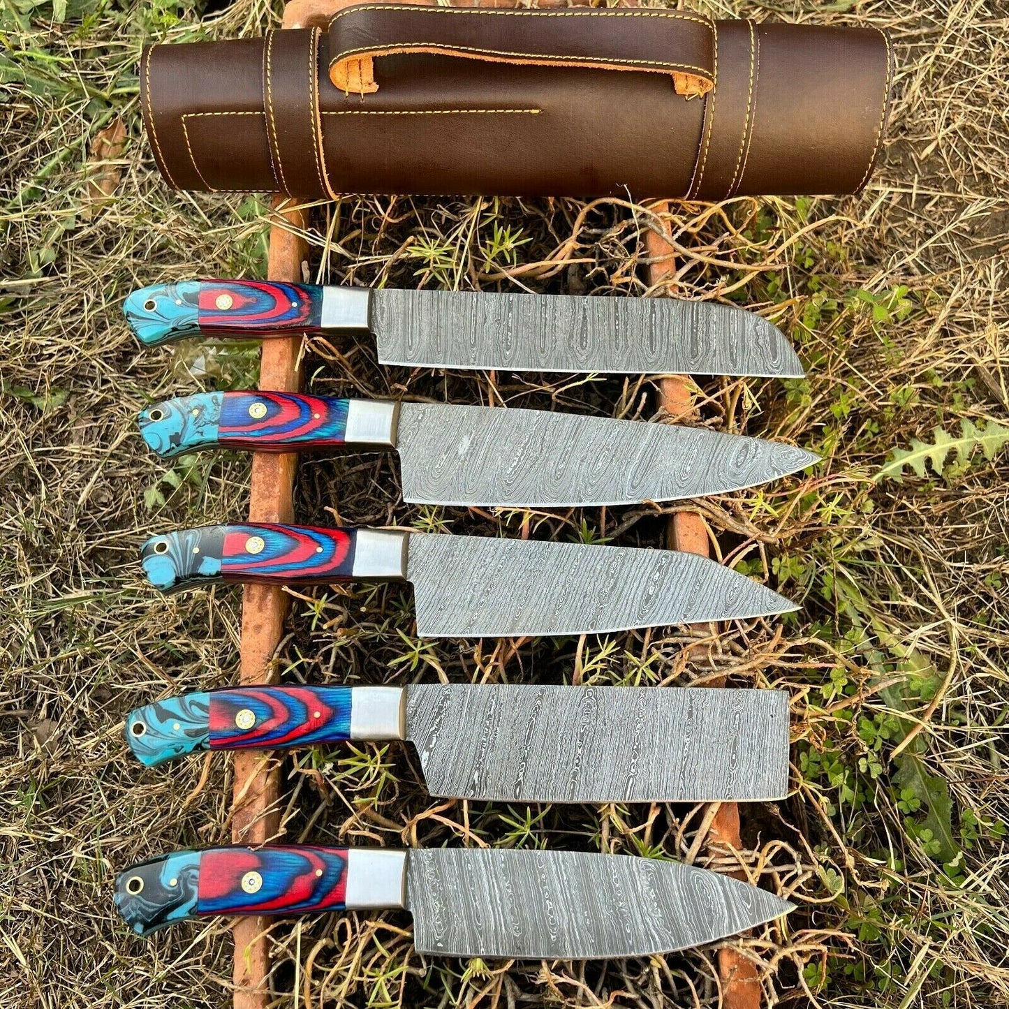 HS-131 '' Hand Forged Damascus Steel Hunting Chef Kitchen Knife Set W/ Sheath