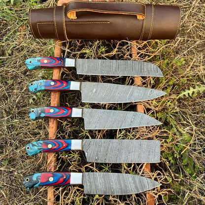 HS-131 '' Hand Forged Damascus Steel Hunting Chef Kitchen Knife Set W/ Sheath