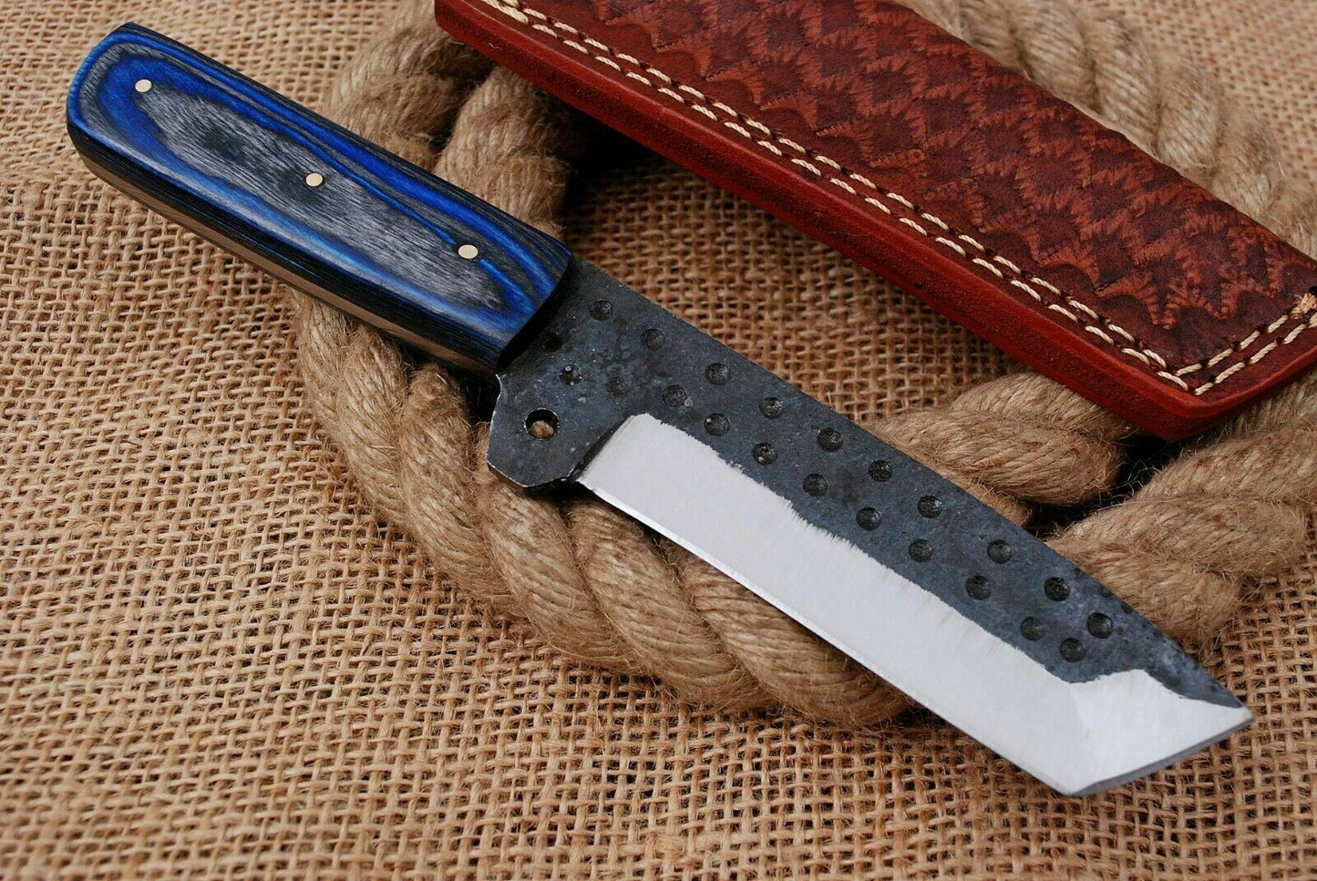 HS-742 Custom Handmade Railroad Steel Tanto/Skinner Knife With Hard Wood Handle