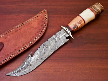 HS-523 Custom Handmade Damascus Hunting Knife With Natural Wood & Bone Handle