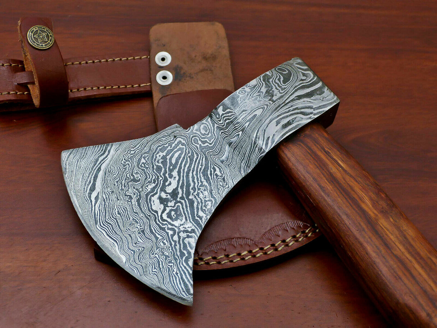 HS-1068 | Custom Handmade Damascus Hand Forged Tomahawk knife, Hatchet, Axe, Integral With Natural Wood