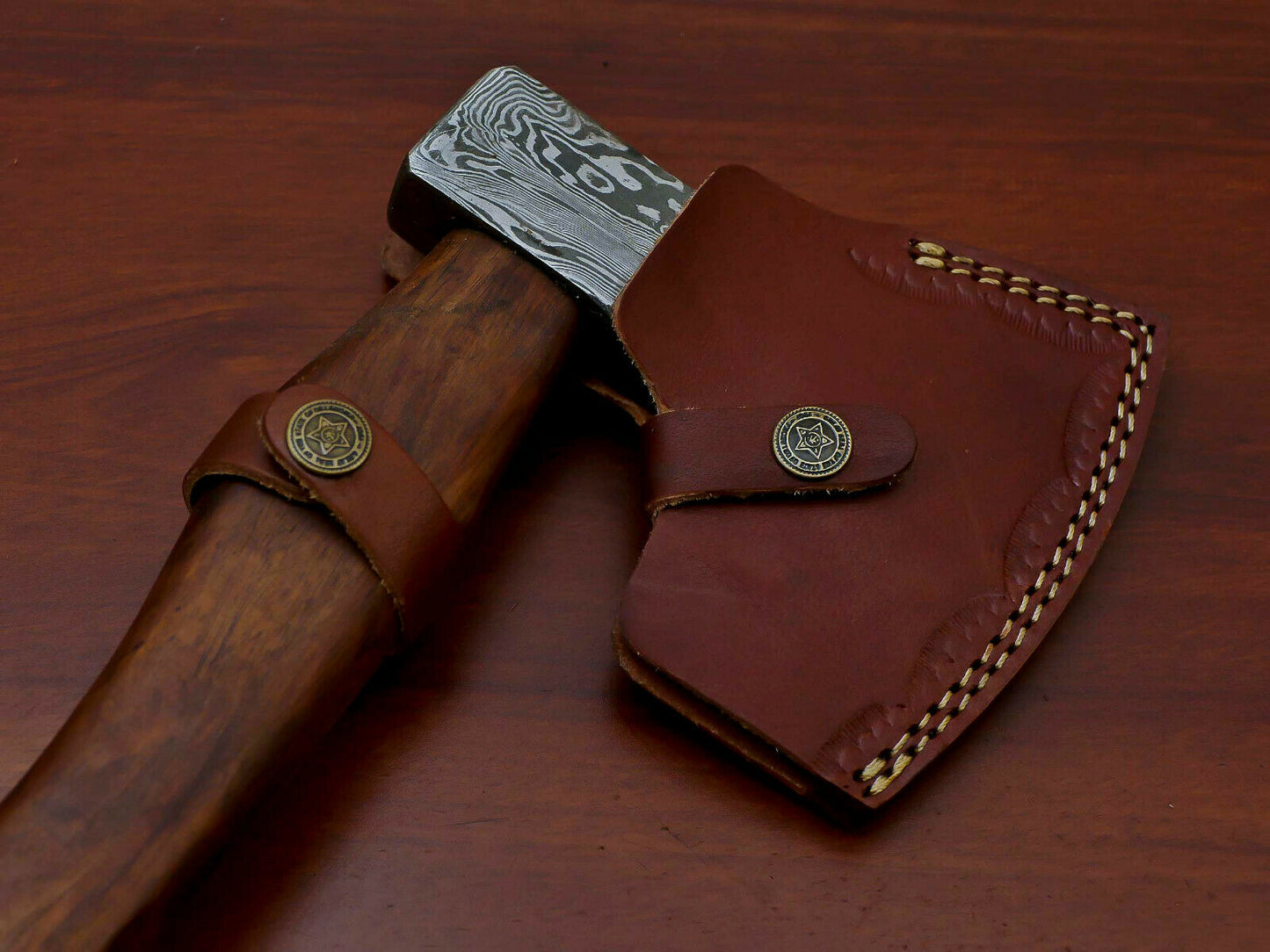 HS-1066 | Custom Handmade Damascus Hand Forged Tomahawk knife, Hatchet, Axe, Integral With Natural Wood
