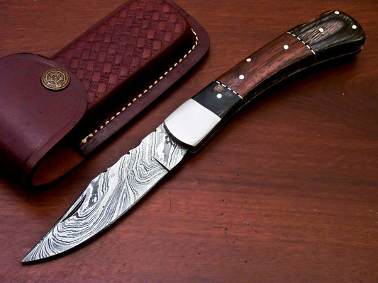 Custom Handmade Damascus Steel Back-Lock Pocket | Folding Knife | Leather Sheath - Wood Handle