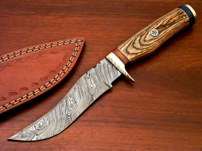 HS-522  Custom Handmade Damascus Hunting Knife With Brown Hard Wood Handle