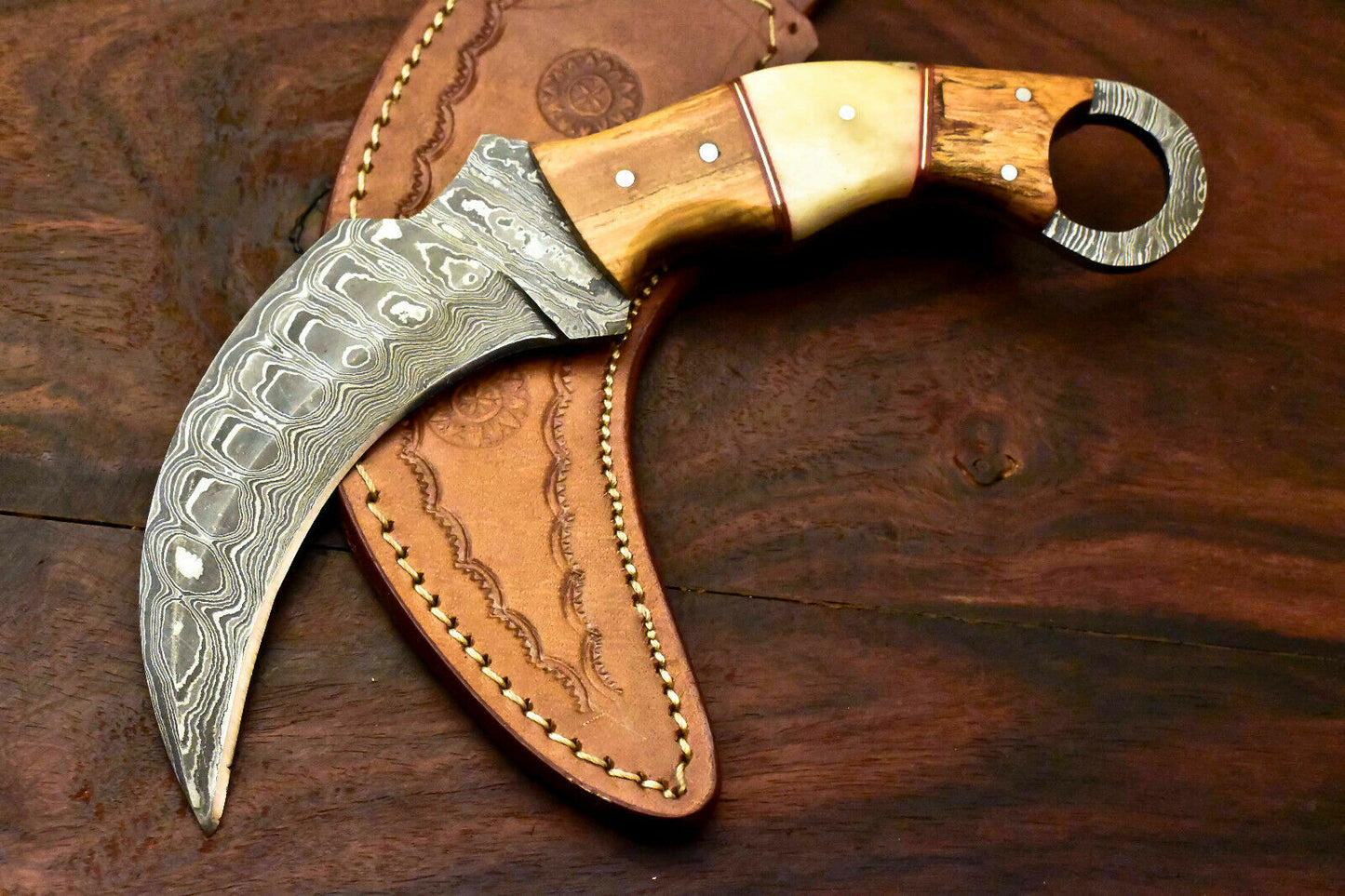 HS-916 Custom Handmade Damascus Karambit Full Tang Knife With Bone Handle