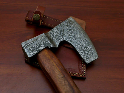 HS-1067 | Custom Handmade Damascus Hand Forged Tomahawk knife, Hatchet, Axe, Integral With Natural Wood