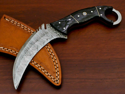 HS-889 HANDMADE DAMASCUS CUSTOM PAKKA WOOD KARAMBIT HUNTING KNIFE