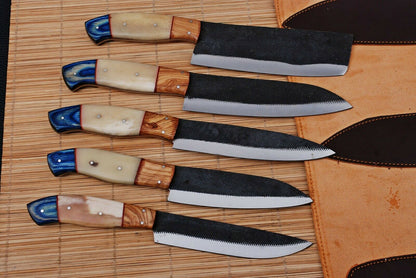 HS-188 Custom Handmade High Carbon Steel Chef-Kitchen Knife Set With Camel Bone & Wood Handle