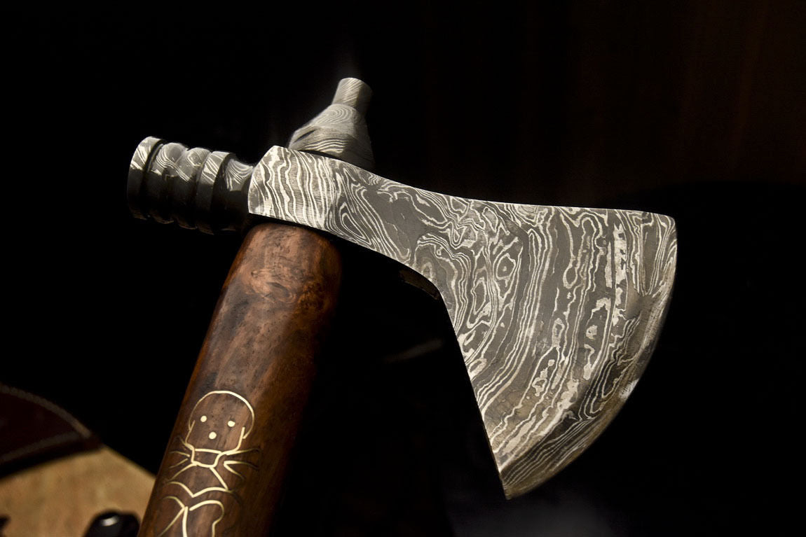HS-1080 | Custom Handmade Damascus Smoking Tomahawk knife, Hatchet, Axe,Integral Natural Wood