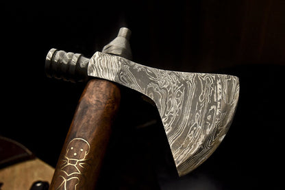 HS-1080 | Custom Handmade Damascus Smoking Tomahawk knife, Hatchet, Axe,Integral Natural Wood