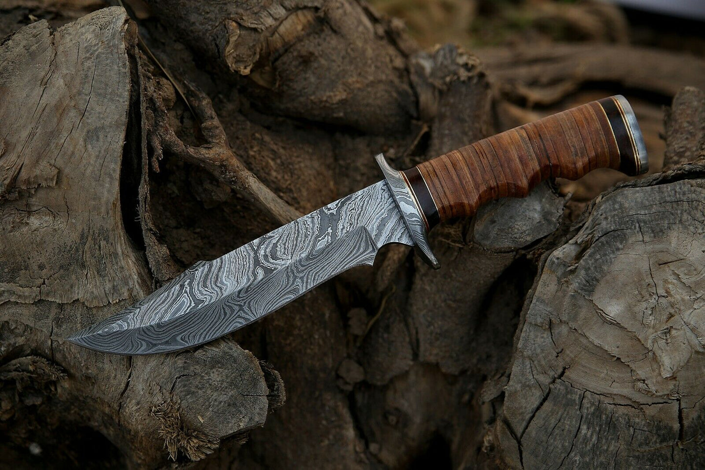 HS-366 '' 12", Damascus Steel Knife, Exotic Rosewood & Stacked Leather handle with pouch.