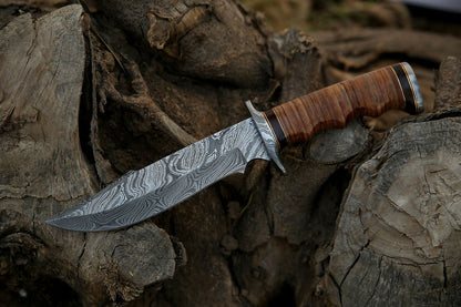 HS-366 '' 12", Damascus Steel Knife, Exotic Rosewood & Stacked Leather handle with pouch.