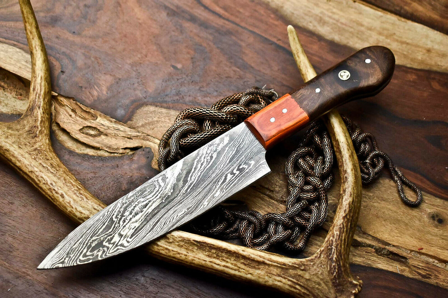 Hand Made Damascus Steel Blade Chef Kitchen Full Tang Knife | Hard Wood