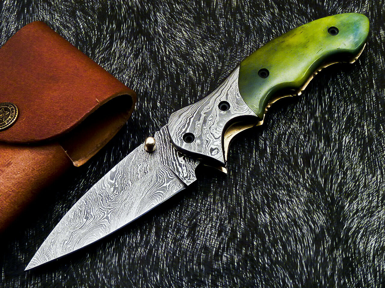 Damascus Liner Lock Folding Knife – Camel Bone Handle | HS-1121