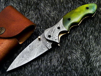 Damascus Liner Lock Folding Knife – Camel Bone Handle | HS-1121