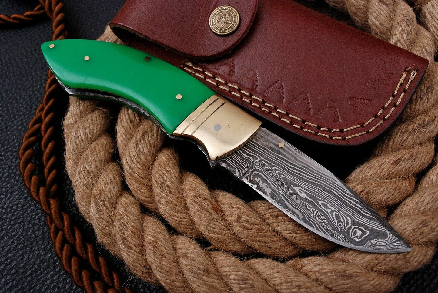 Custom Handmade Damascus Folding-Pocket Knife With Green Sheet Handle