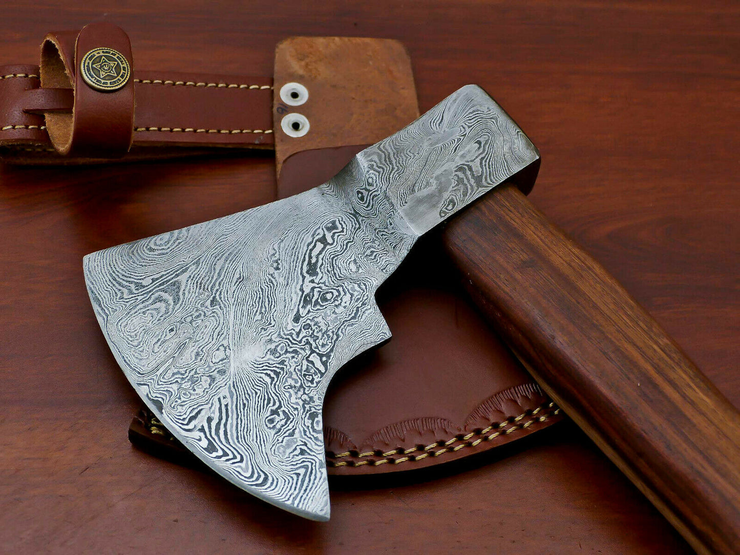 HS-1065 | Custom Handmade Damascus Hand Forged Tomahawk knife, Hatchet, Axe, Integral With Natural Wood