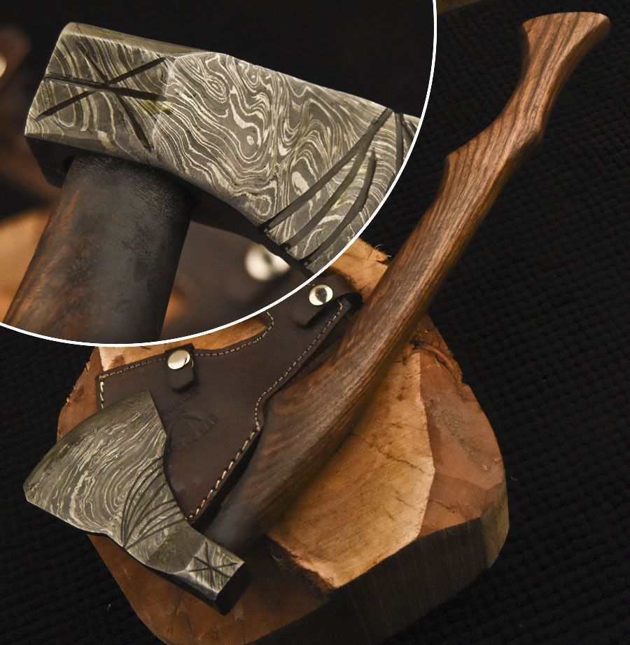 HS-1081 | Custom Handmade Damascus Hand Forged Tomahawk knife, Hatchet, Axe,Integral Natural Wood