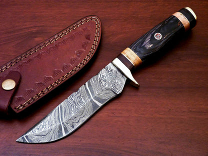HS-527 Custom Handmade Damascus Hunting Knife With Brass Guard & But Cap - Hard Wood