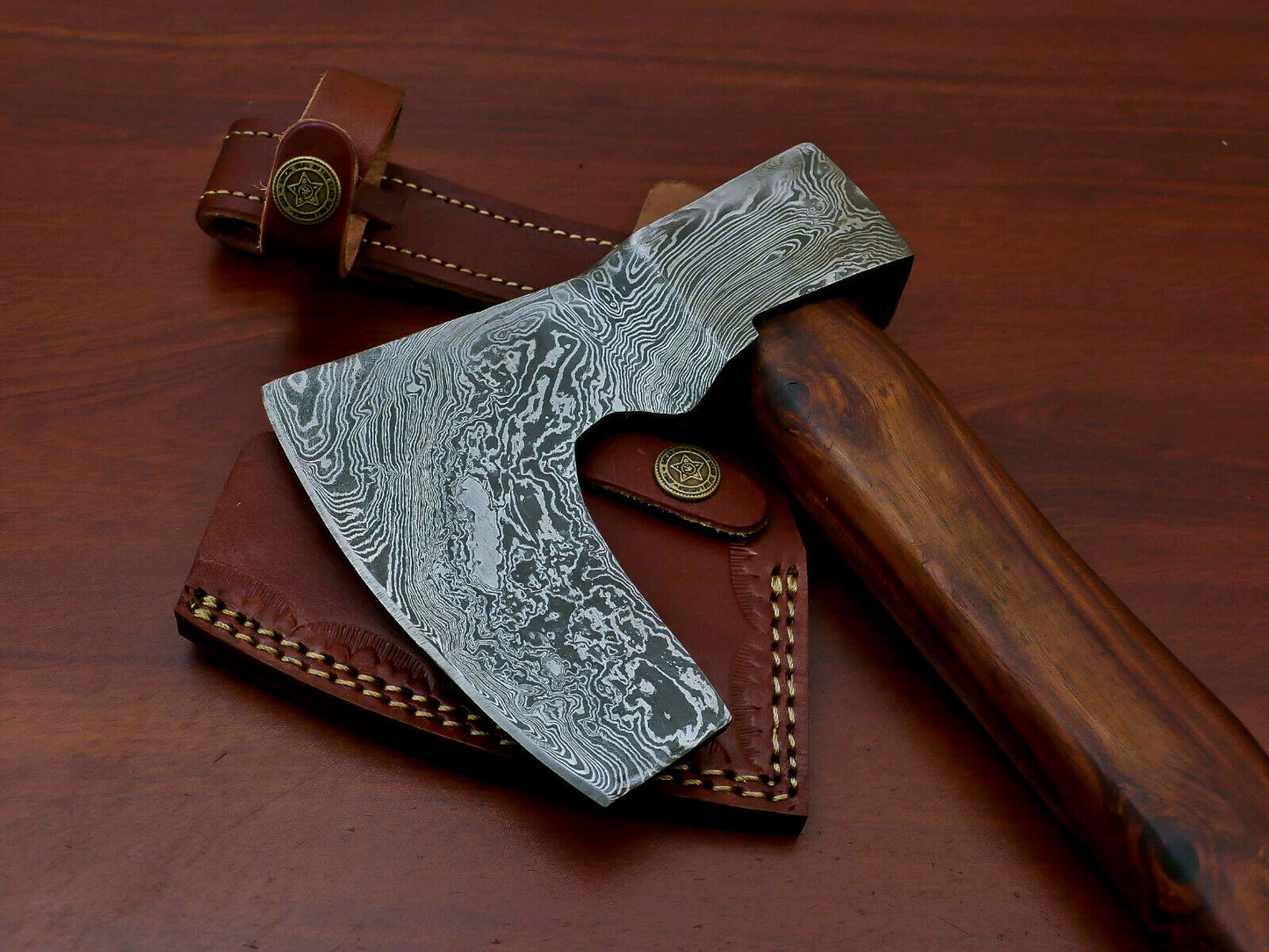 HS-1067 | Custom Handmade Damascus Hand Forged Tomahawk knife, Hatchet, Axe, Integral With Natural Wood