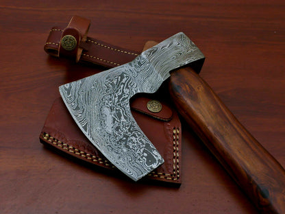 HS-1067 | Custom Handmade Damascus Hand Forged Tomahawk knife, Hatchet, Axe, Integral With Natural Wood