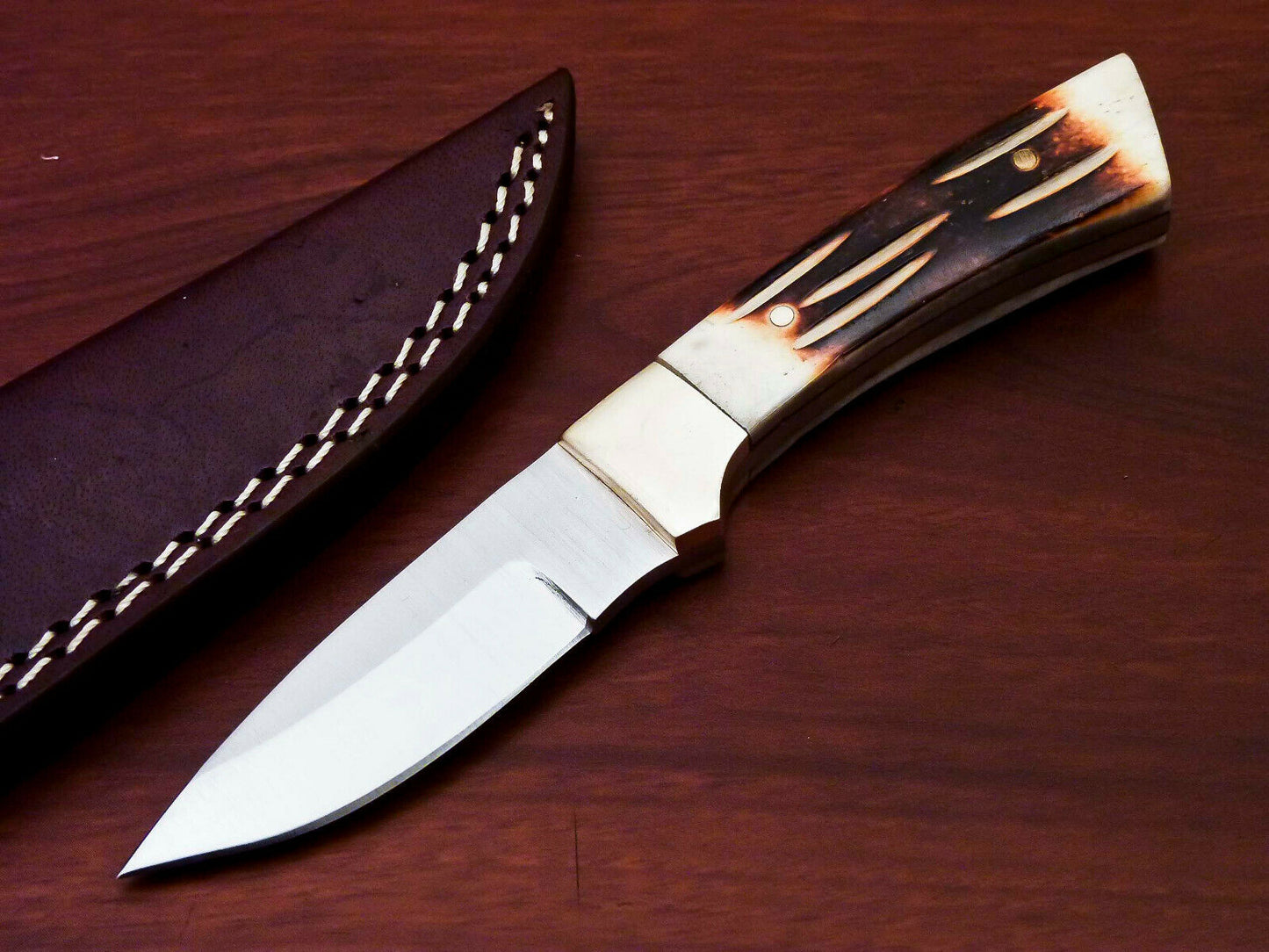 HS-807 Custom Handmade Damascus Skinner Knife With Engraved Burn Bone Handle