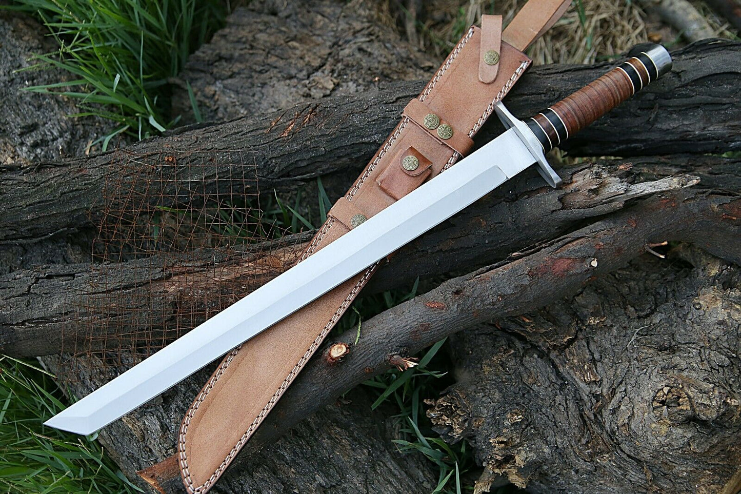 HS-1092 | Steel Blade Tanto Sword, Handmade Heavy Duty Sword, Stacked Leather Handle