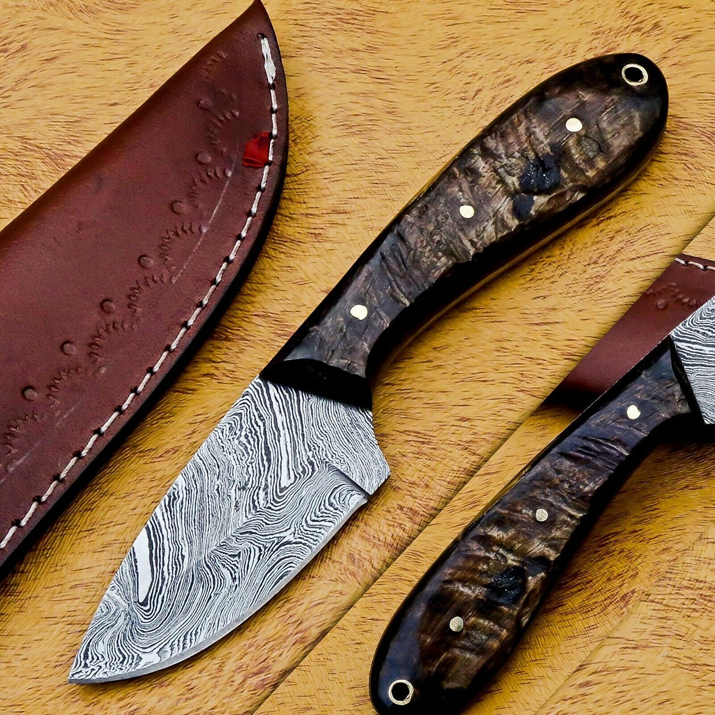 HS-584 CUSTOM DAMASCUS STEEL HUNTING/BOWIE/DAGGER KNIFE HANDLE RAM HORN WITH SHEATH