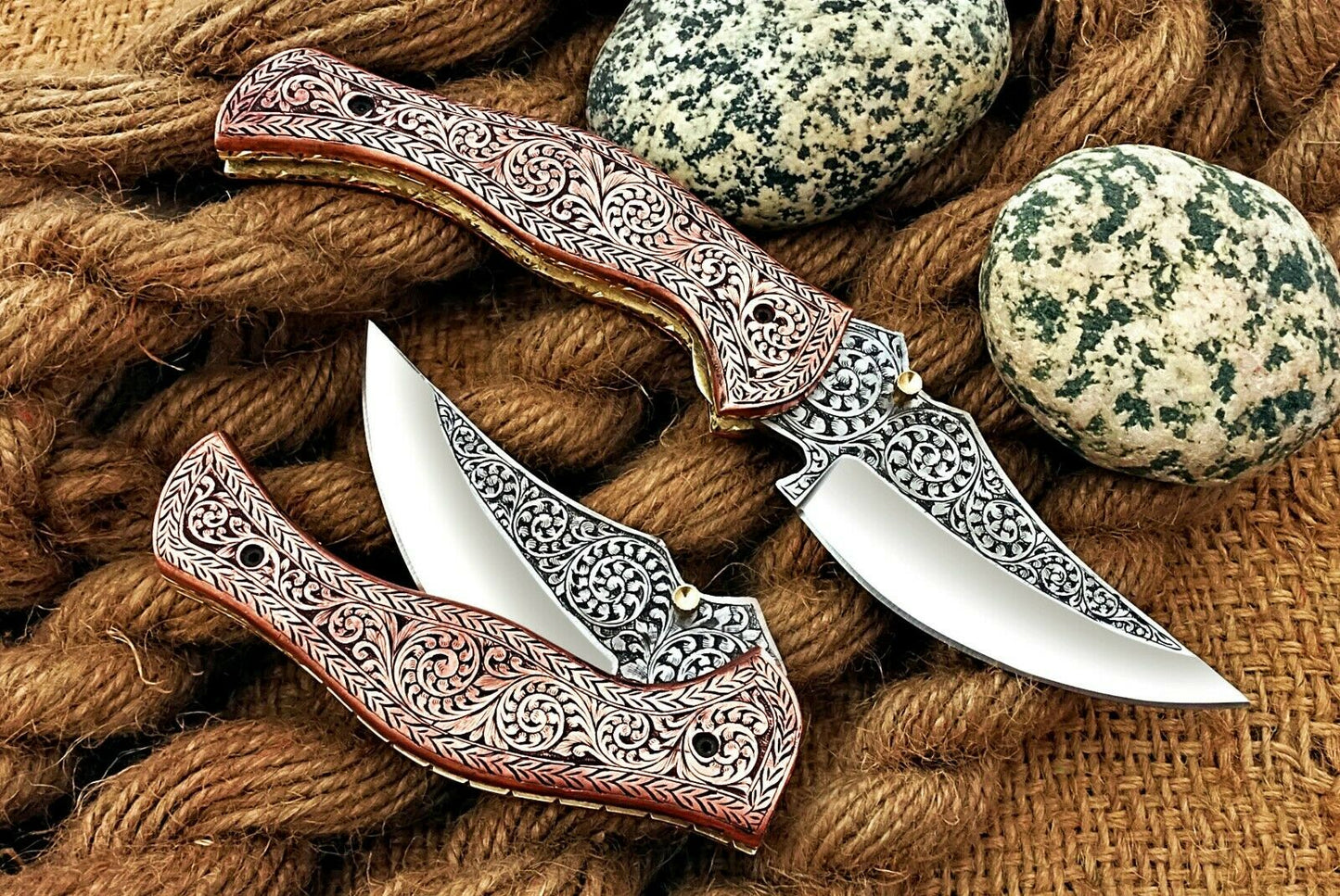 Custom Hand Engraved Folding-Pocket Knife Life Time Used With Copper Engraved Handle