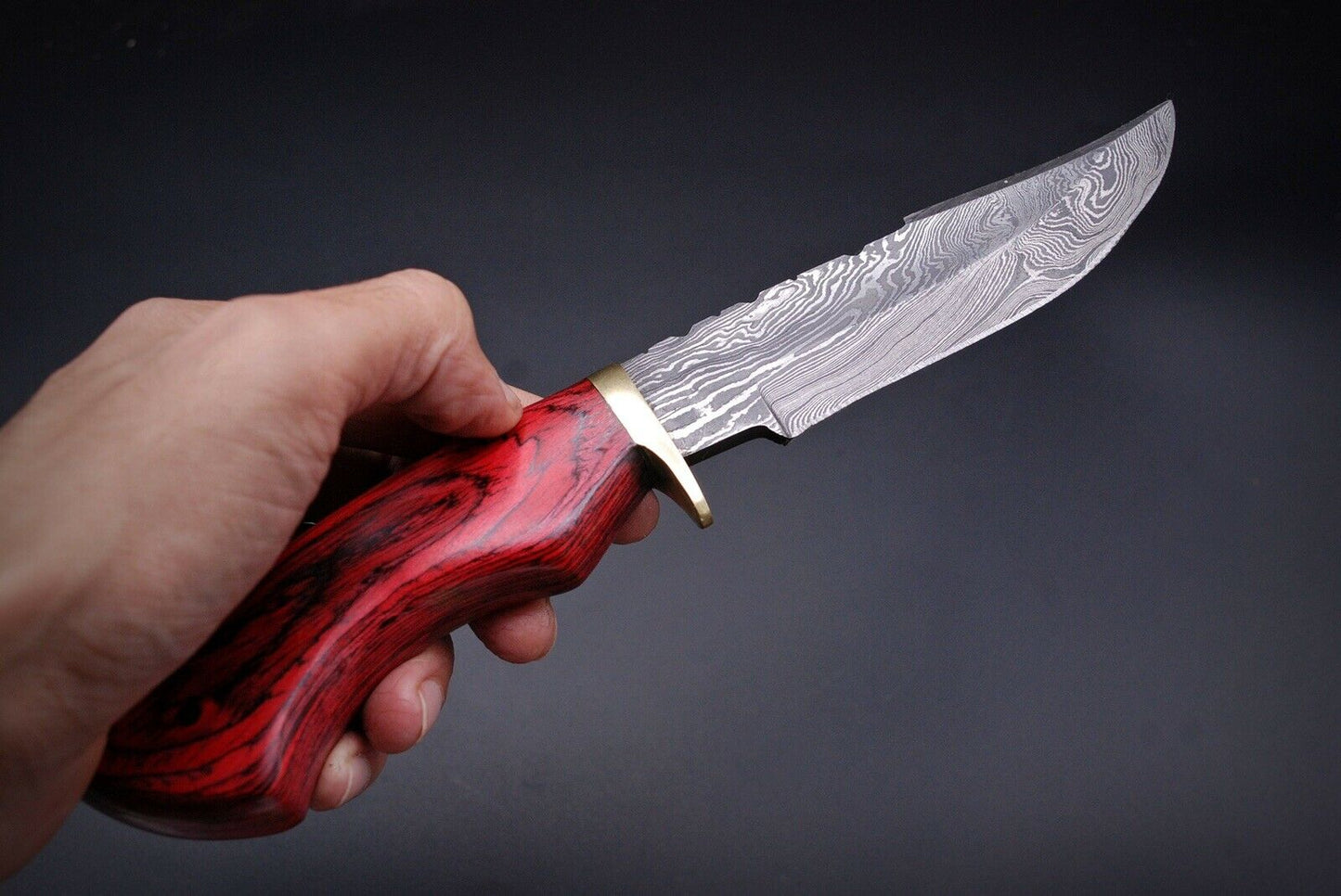 HS-444 | Ten Inch Custom Handmade Damascus Steel Hunting knife - Red Wood Handle