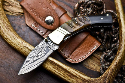 Custom Handmade Damascus Steel Pocket Folding Knife - Beautiful Ram & Buffalo Horn Handle