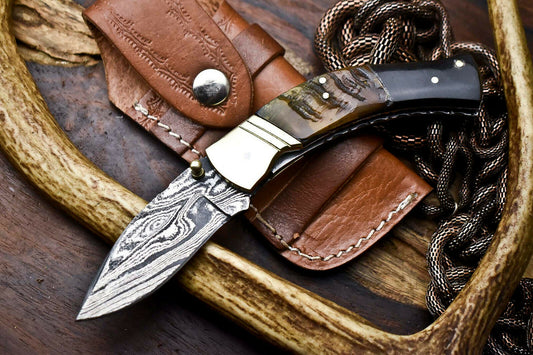 Custom Handmade Damascus Steel Pocket Folding Knife - Beautiful Ram & Buffalo Horn Handle