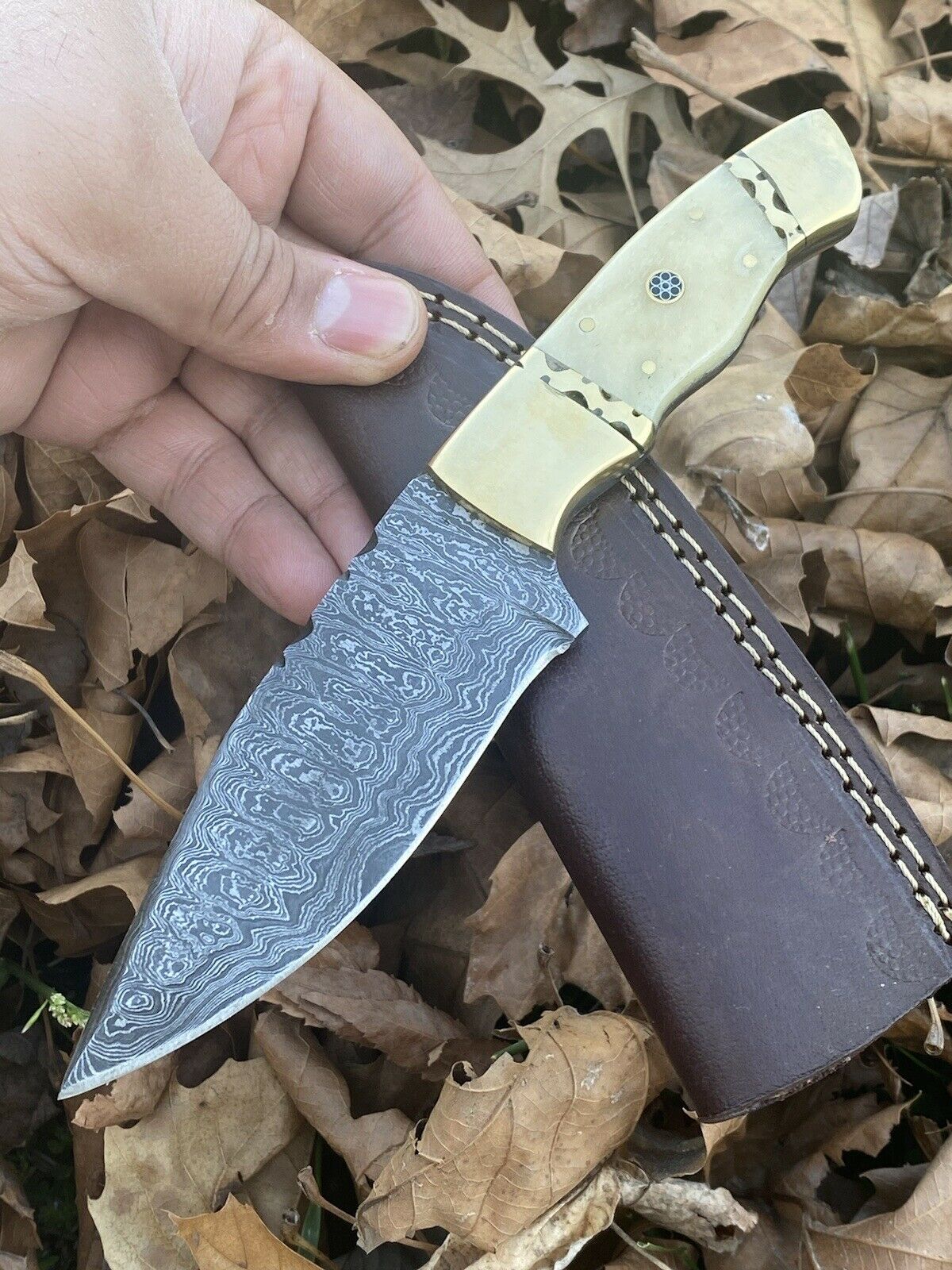 HS-446 | Custom Handmade Damascus Steel Hunting knife - Brass & Bone Handle