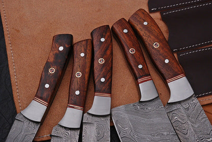 HS-201 Custom Handmade Damascus Kitchen-Chef Knives Set Lot Of Five Pecs With Wood Handle