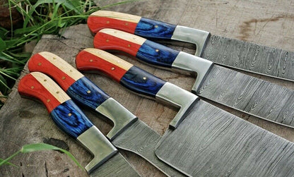 HS-198 Custom Handmade Damascus Chef-Kitchen Knives Five Pieces Set With Wood Handle