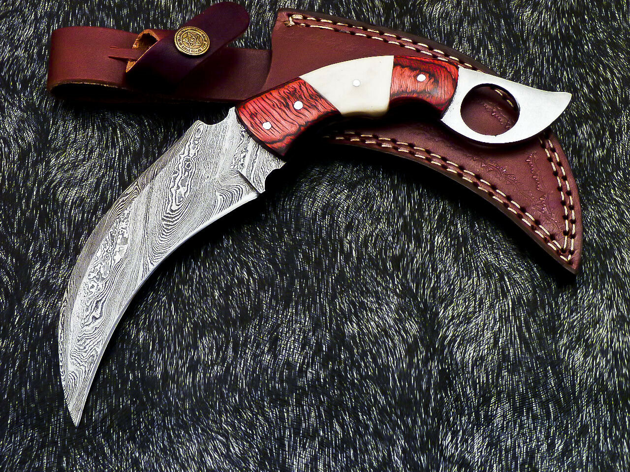 HS-890 Custom Hand Forged Damascus Steel 10" Karambit Knife - Hard Wood Handle