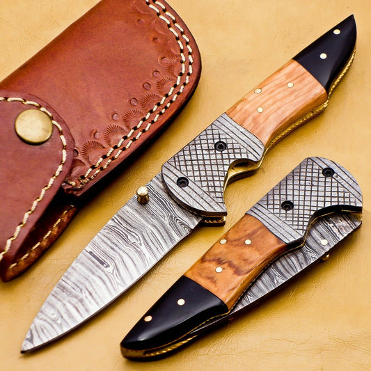 Custom Handmade Damascus Folding-Pocket Knife With Wood Handle