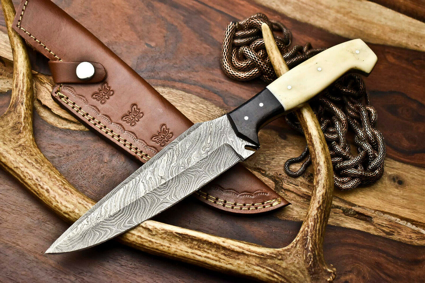 HS-403 | Custom Handmade Awesome Camel Bone/Black Sheet Handle Damascus Steel Hunting Knife - Great Price