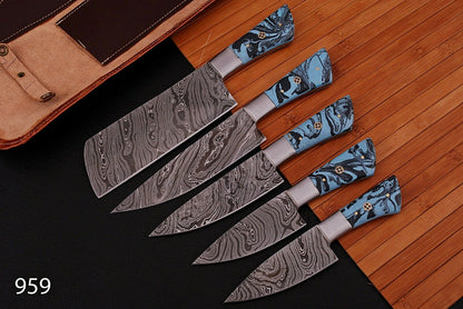 HS-205 Custom Handmade Damascus KItchen-Chef Knives Set Lot Of Five Pecs With Resin Handle