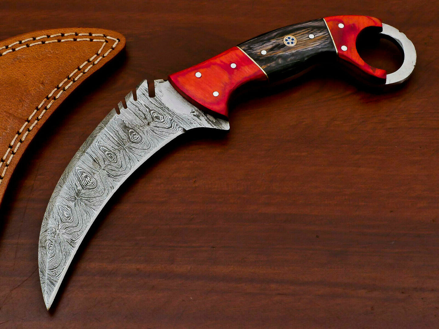 HS-885 HANDMADE DAMASCUS CUSTOM PAKKA WOOD KARAMBIT HUNTING KNIFE -