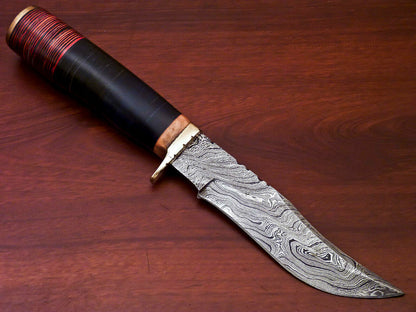 HS-516 Custom Handmade Damascus Hunting Knife With Black Hard Wood & Leather Handle