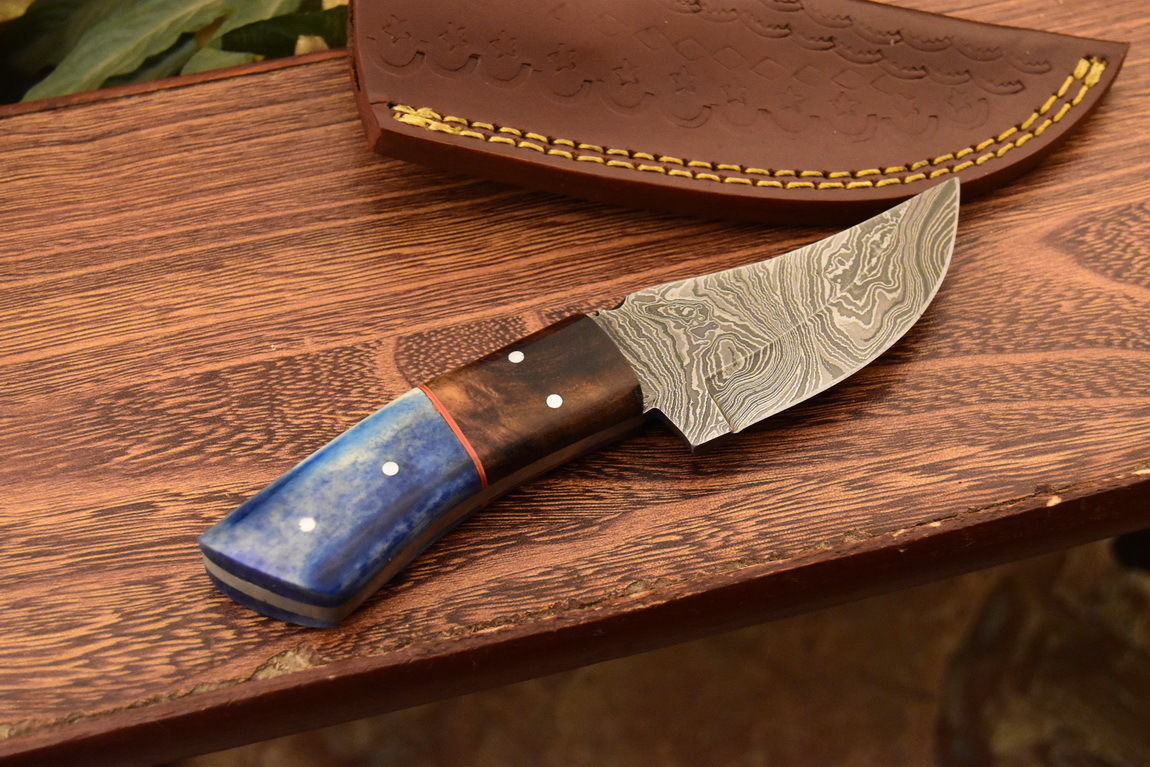 HS-839 Custom Handmade Damascus Skinner Knife With Stained Bone & Natural Wood Handle