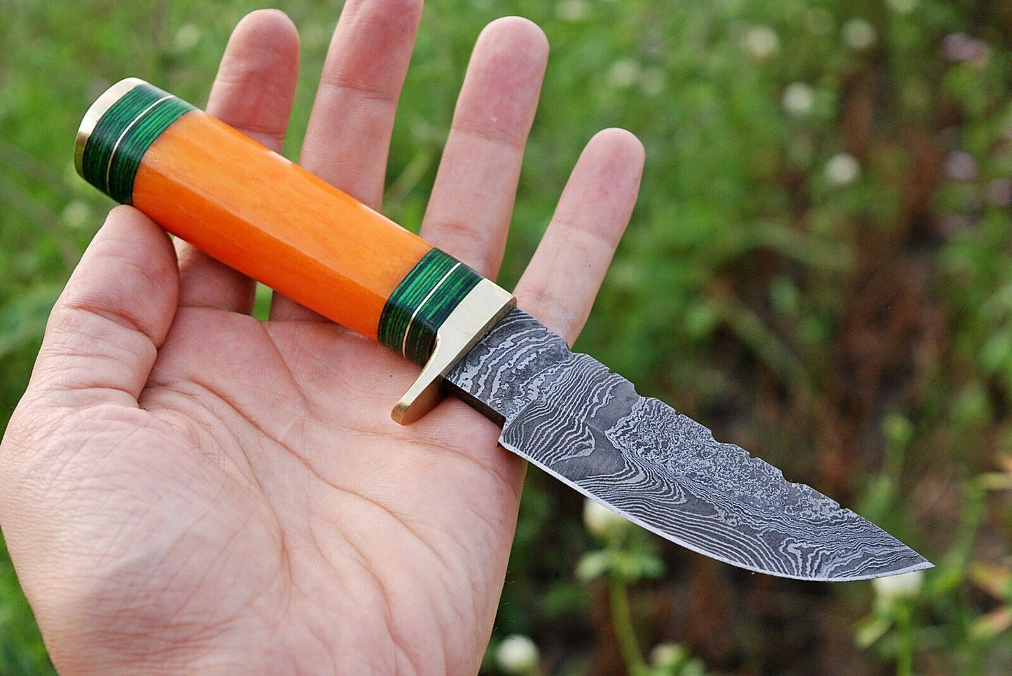 HS-496 Custom Handmade Damascus Hunting Knife With Beautiful Orange Camel Bone Handle