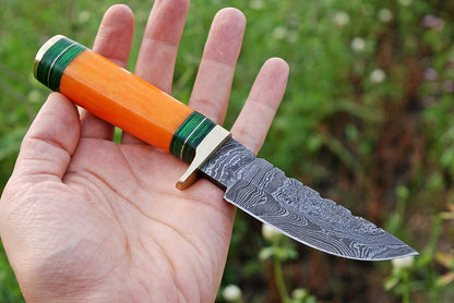 HS-496 Custom Handmade Damascus Hunting Knife With Beautiful Orange Camel Bone Handle