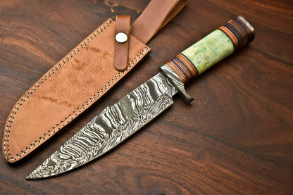 HS-416 | Custom Handmade Damascus Steel Hunting Knife - Beautiful Camel Bone Handle