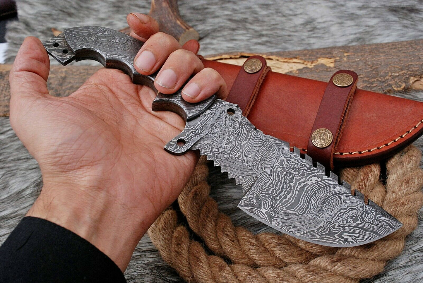 HS-943 Custom Handmade Damascus Hunting Tracker Knife With Damascus Handle