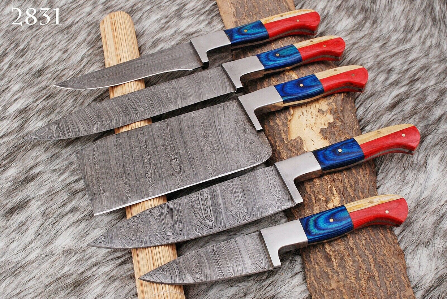HS-181 Custom Handmade Damascus Steel Chef/Kitchen Knives Set lot of 5 - Hard Wood Handle