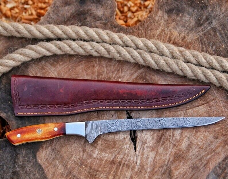 HS-1045 Hand forge Damascus steel Camping Steak Chef Meet Kitchen fillet fishing Knife