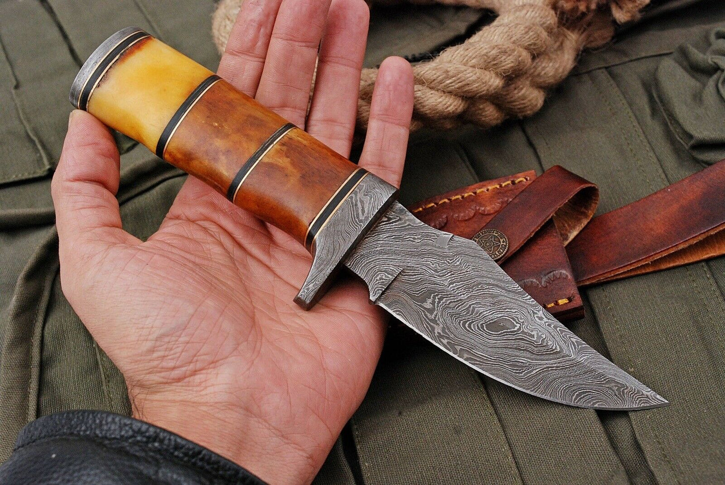 HS-500 Custom Handmade Damascus Hunting Knife With Camel Bone  Handle