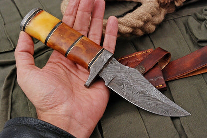 HS-500 Custom Handmade Damascus Hunting Knife With Camel Bone  Handle